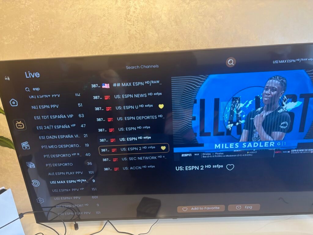 IPTV US channel guide featuring American sports networks and premium TV channels