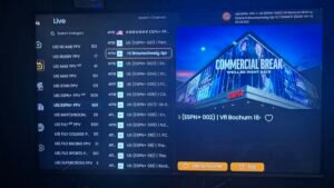 BUY BEST IPTV SUBSCRIPTION PROVIDER Best IPTV on Firestick 2026 - Amazon Fire TV Stick streaming setup with remote control and TV screen showing live channels
