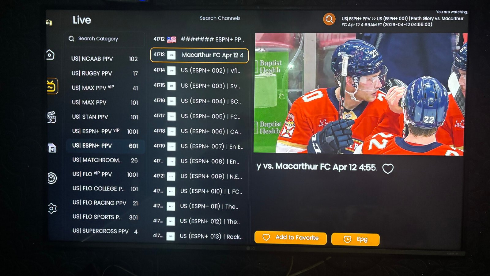 IPTV Strong Pro streaming interface showing 4K Ultra HD quality and user-friendly electronic program guide