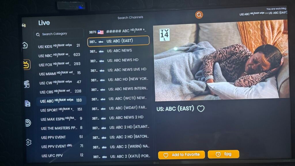 IPTV Strong Pro channel library showing sports, movies, TV series, and international channels with 4K quality options
