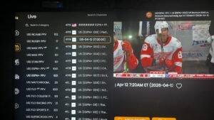 BUY BEST IPTV SUBSCRIPTION PROVIDER 12 month IPTV subscription showing yearly plan savings versus monthly payments on TV screen
